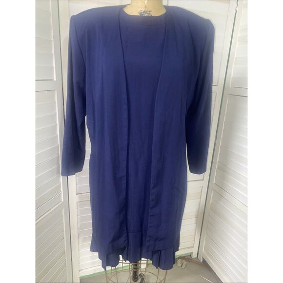 Vintage 80s Women’s Blue Two Piece Sheath Dress Blazer Set Size 14 Union Made - Picture 1 of 10